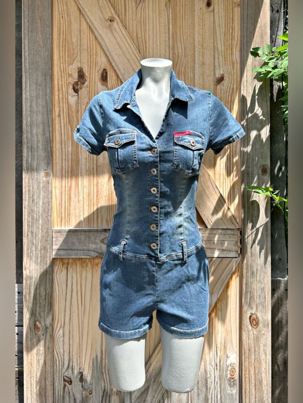 Vintage 90s Y2K Hotkiss Stretch Denim Button Up Romper~L~
